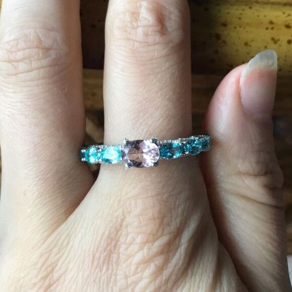 Natural Morganite Blue Apatite Sterling Silver Eternity Ring Size 10 - Picture 1 of 10